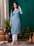 Light Blue Maaza cotton kurti with hand-embroidered details and functional pockets