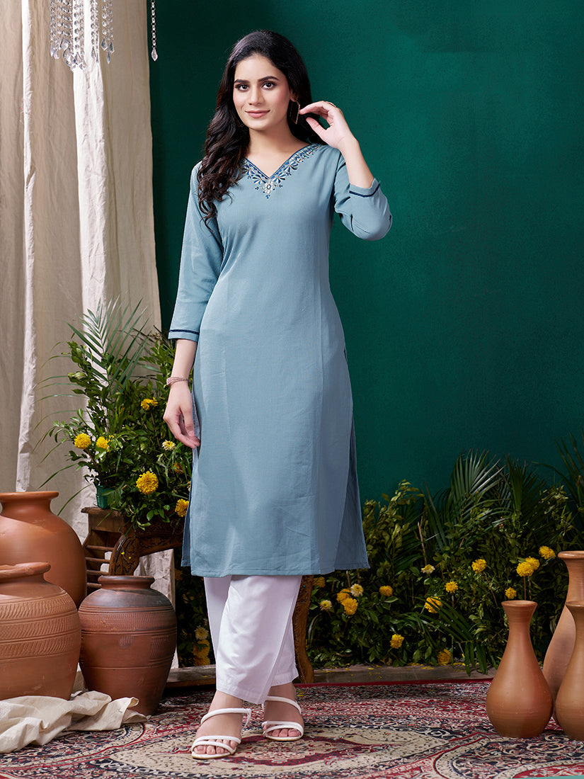 Light Blue Maaza cotton kurti with hand-embroidered details and functional pockets