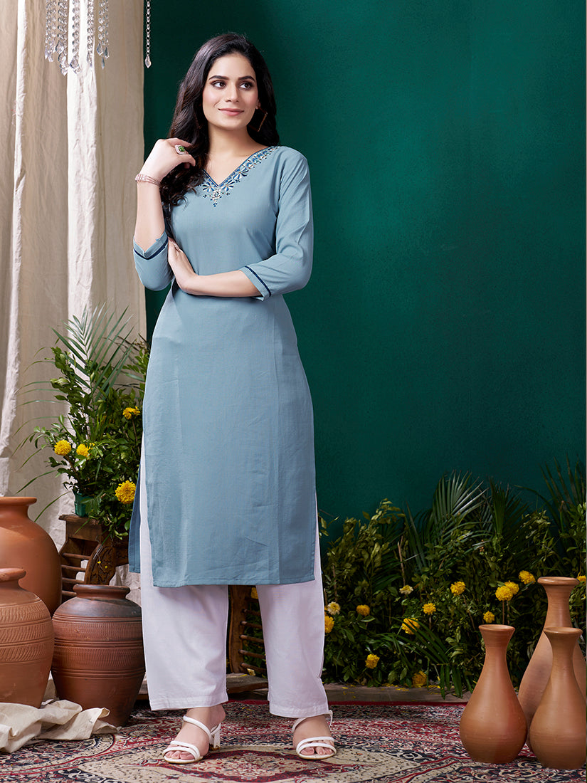 Light Blue Maaza Cotton Casual Kurti with Hand Work and Pockets
