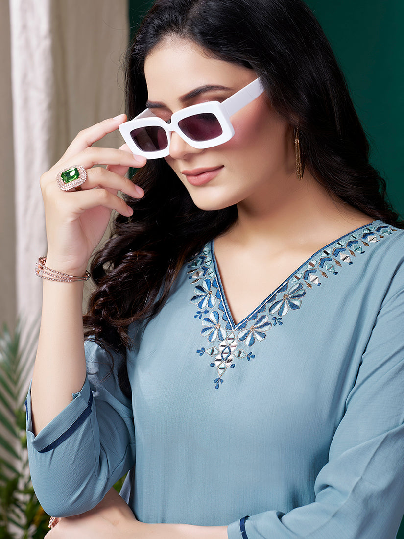 Light Blue Maaza Cotton Casual Kurti with Hand Work and Pockets