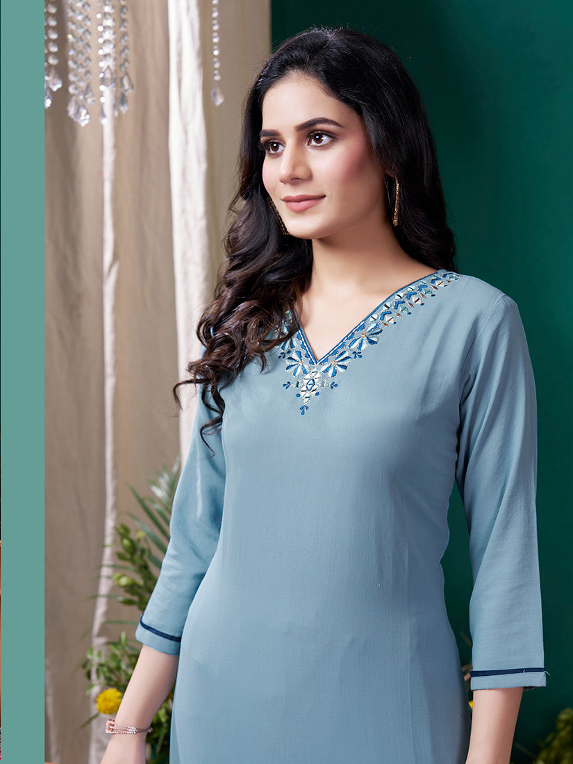 Light Blue Maaza Cotton Casual Kurti with Hand Work and Pockets