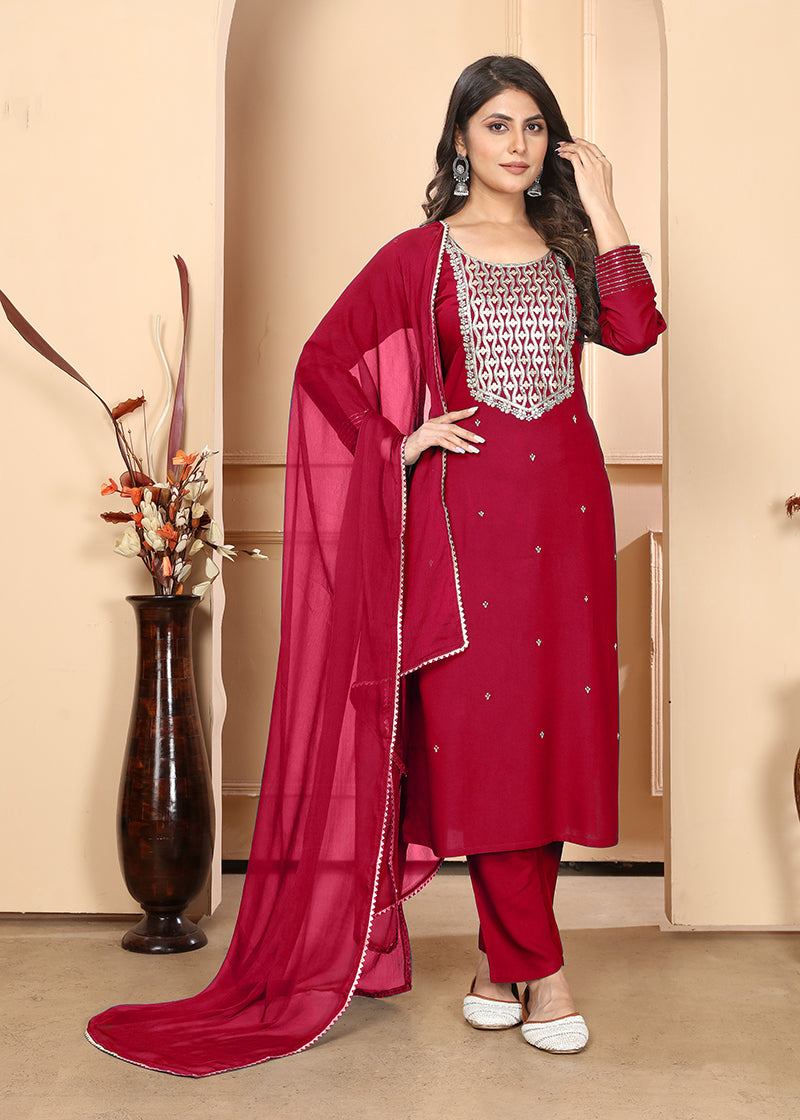 Vibrant red premium rayon straight kurti and matching pant set with detailed zari and sequence embroidery