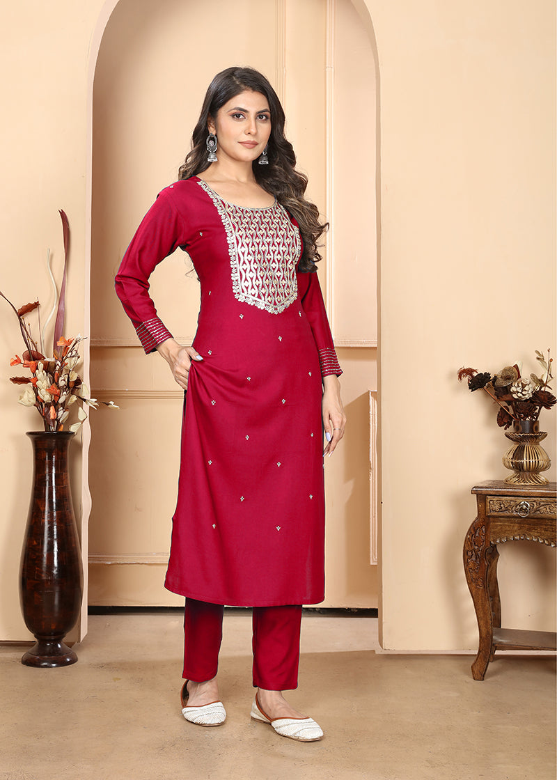 Red Premium Rayon Straight Kurti and Pant Set with Zari Embroidery