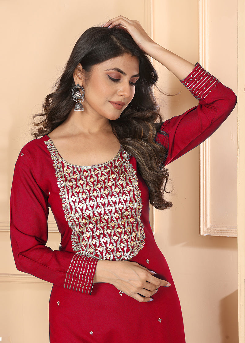 Red Premium Rayon Straight Kurti and Pant Set with Zari Embroidery