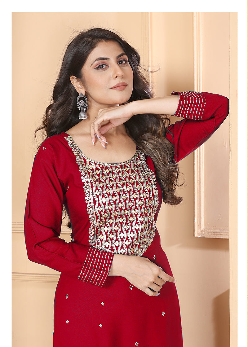 Red Premium Rayon Straight Kurti and Pant Set with Zari Embroidery