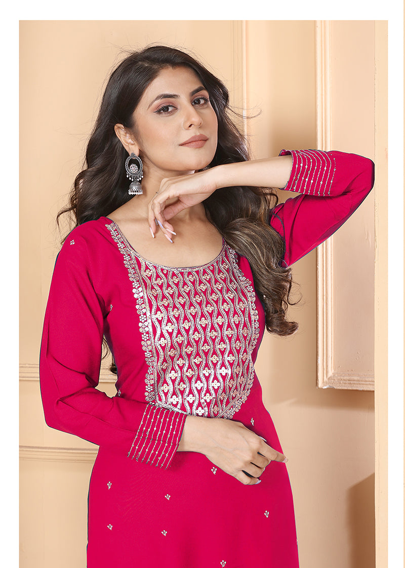 Monjolika Fashion Dark Pink Premium Rayon Heavy Sequence Embroidery Kurtis Pant Pair