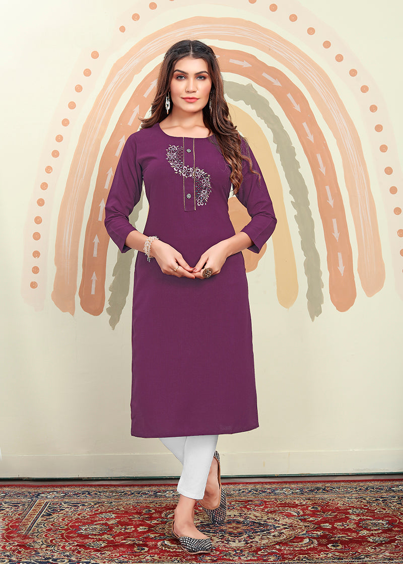 Purple Maaza Cotton long kurti with detailed floral handwork and a pocket