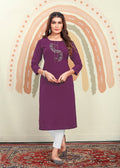Purple Maaza Cotton long kurti with detailed floral handwork and a pocket