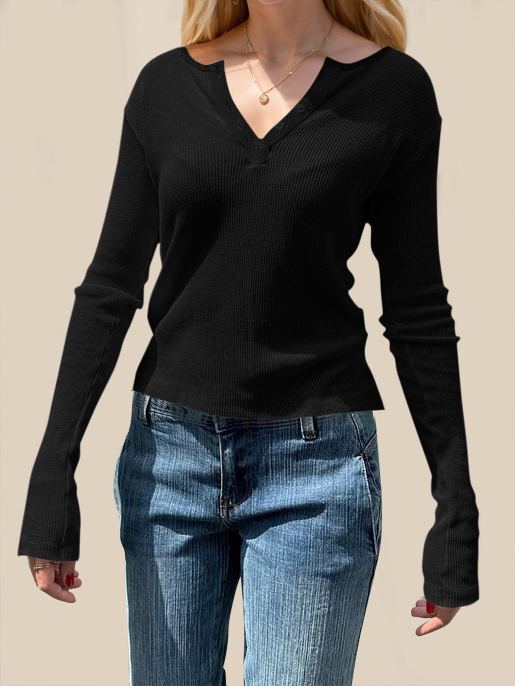 White Waffle Knit Long Sleeve Button Up Henley T-Shirt - Image 14