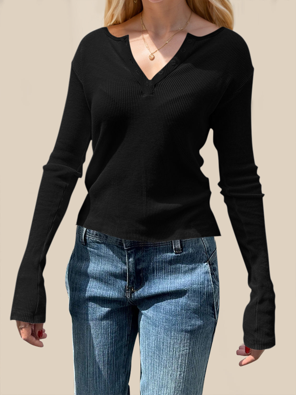 White Waffle Knit Long Sleeve Button Up Henley T-Shirt - Image 14