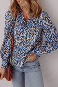Blue Bohemian Embroidered V-Neck Long Sleeve Shirt