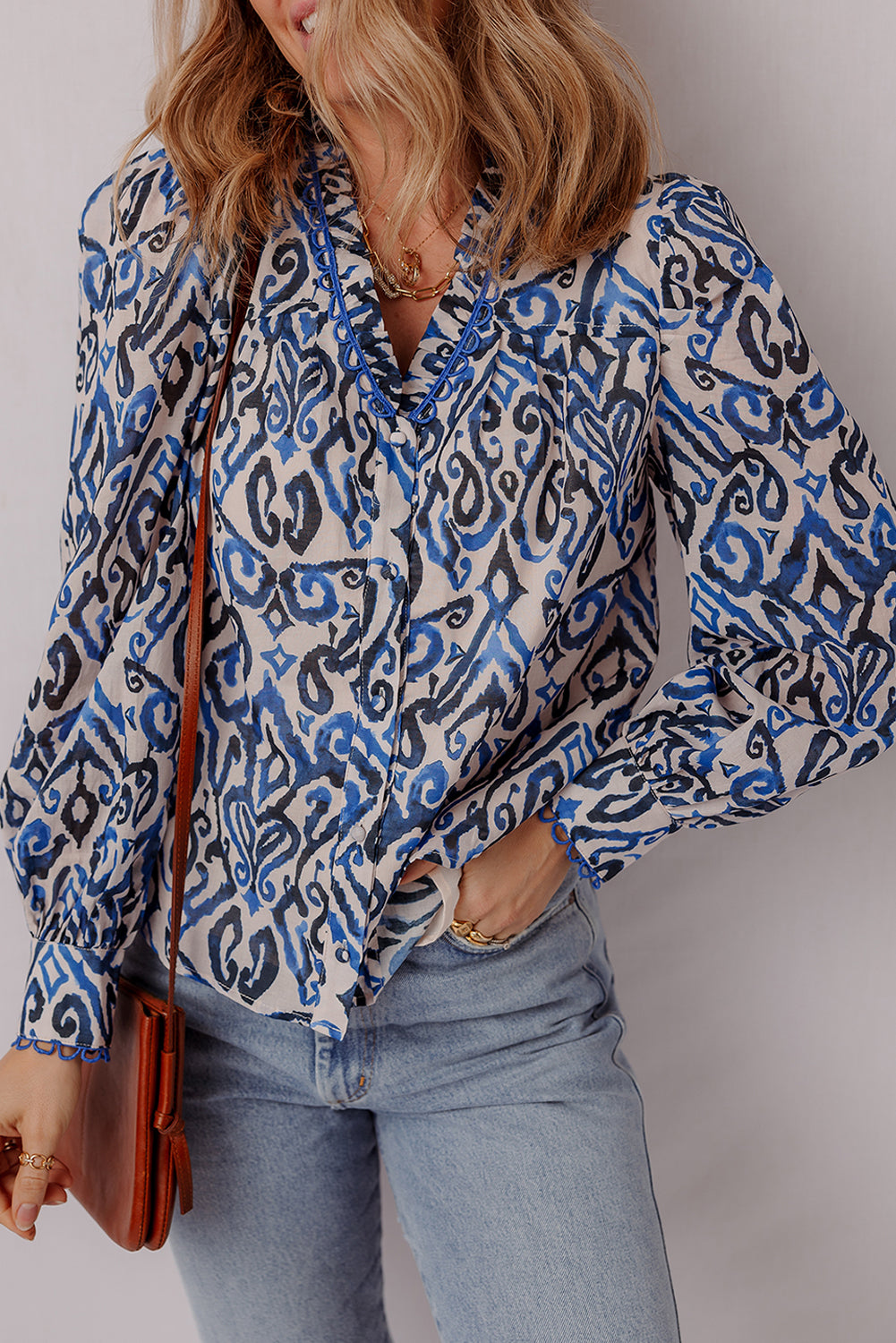 Blue Bohemian Embroidered V-Neck Long Sleeve Shirt
