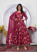 Rani Pink premium Chanderi long kurti with floral print and matching dupatta