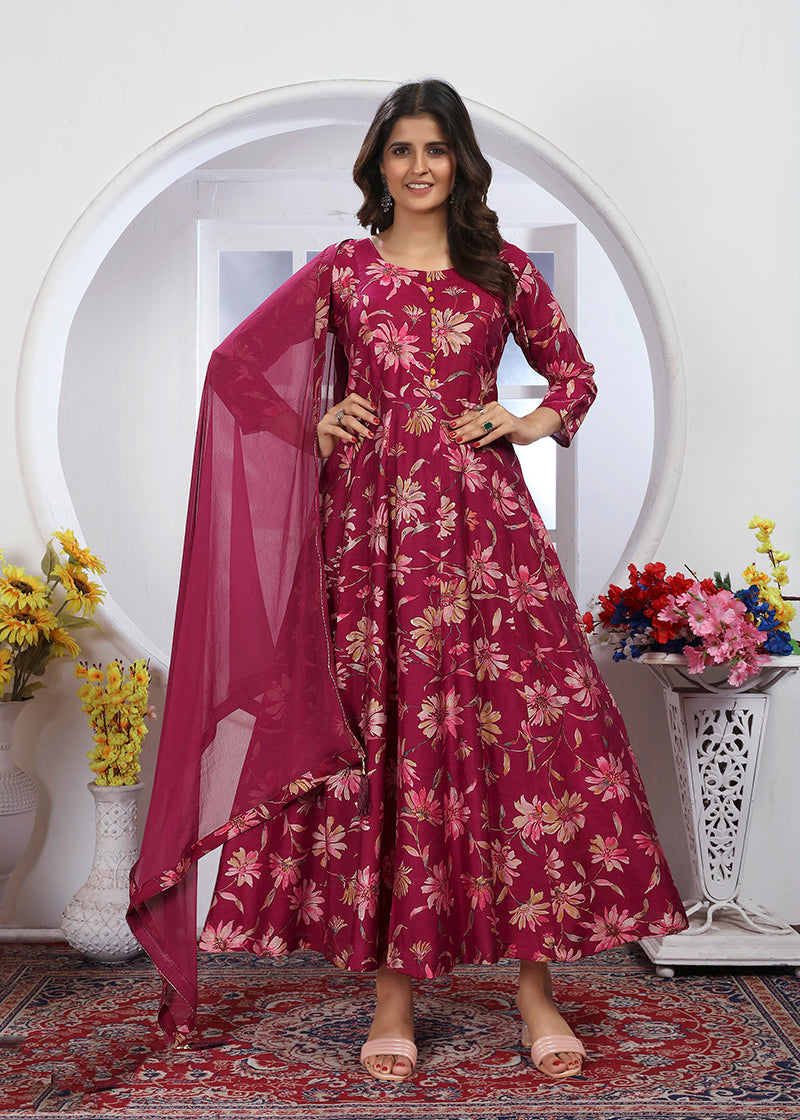 Rani Pink premium Chanderi long kurti with floral print and matching dupatta