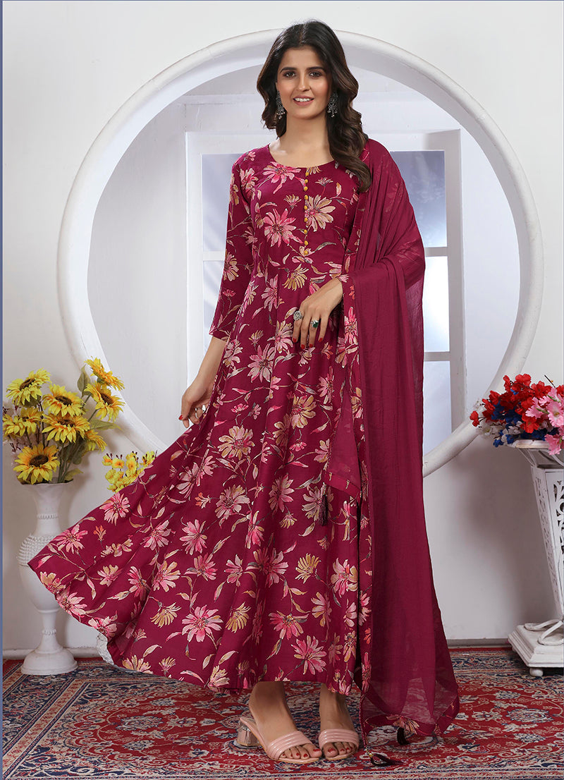 Rani Pink Premium Chanderi Floral Printed Long Kurti with Dupatta