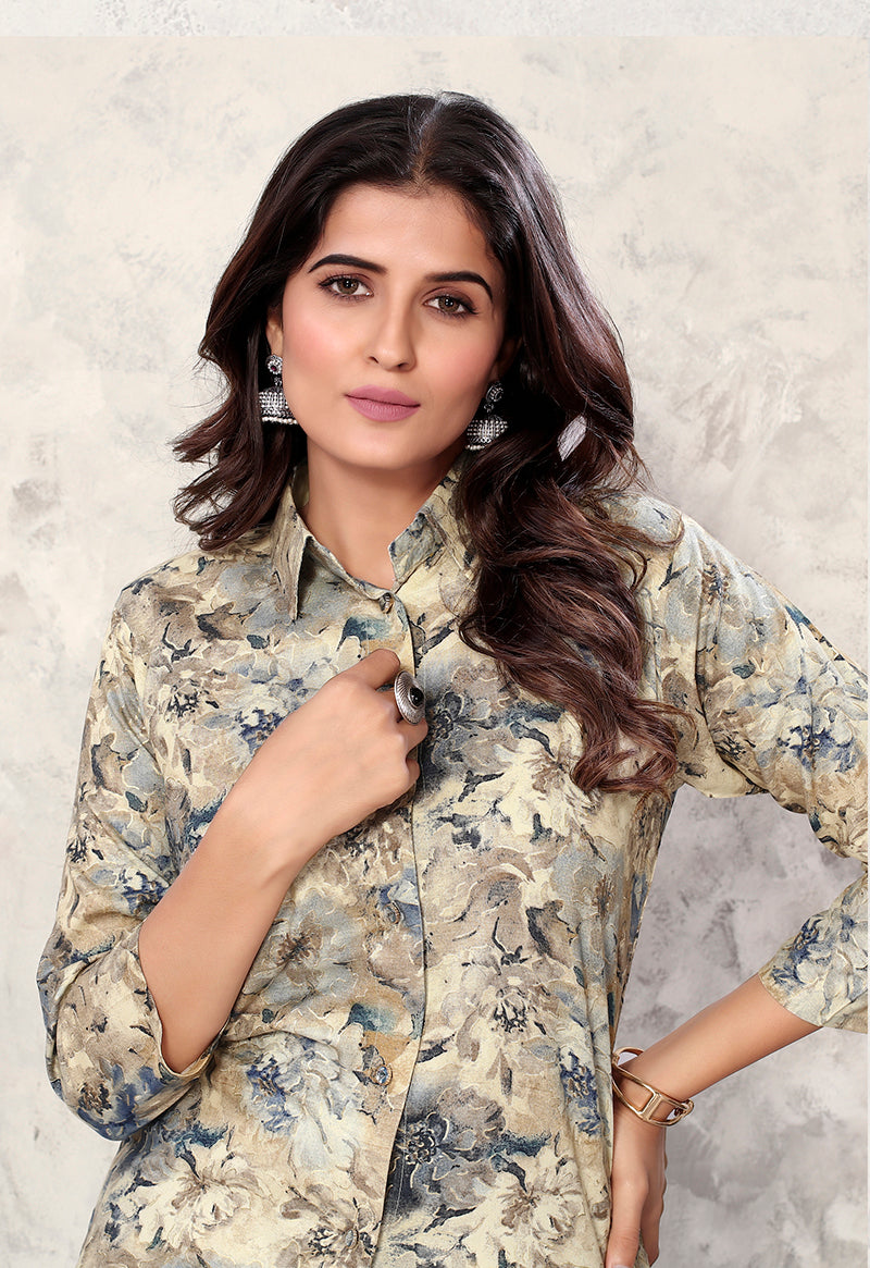 Cream Premium Rayon Floral Printed Co Ord Set for Women