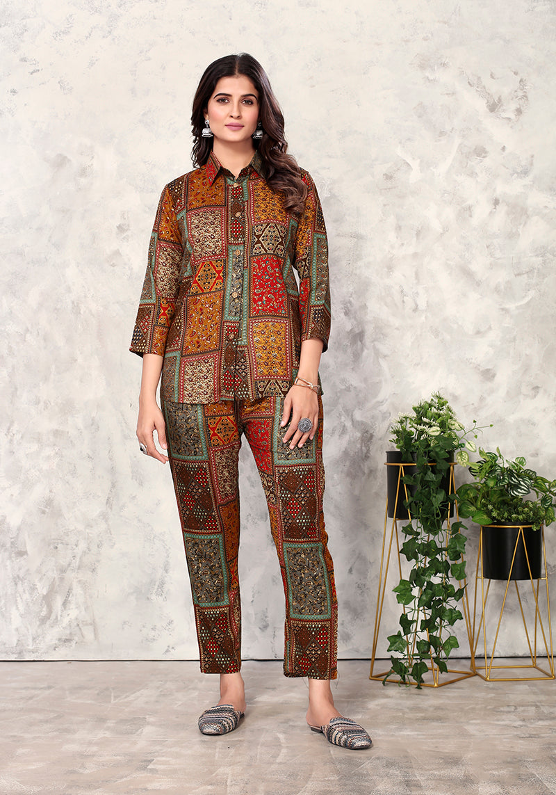 Model wearing a Brown Premium Rayon Floral Printed collared shirt and matching pants co-ord set.
