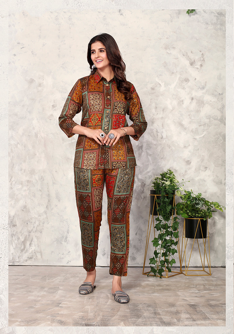 Brown Premium Rayon Floral Printed Co Ord Set for Women