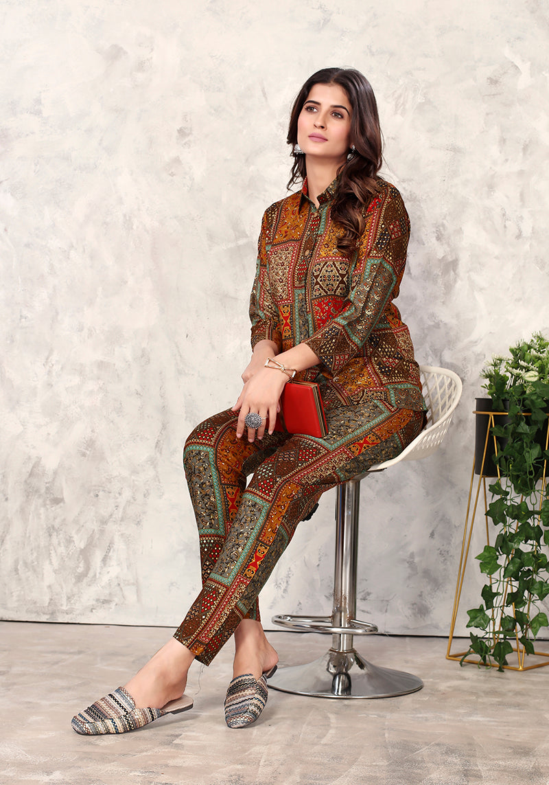 Brown Premium Rayon Floral Printed Co Ord Set for Women