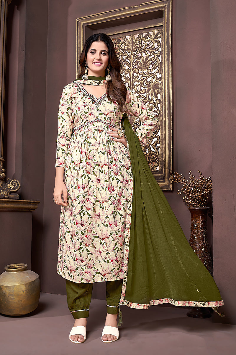 Mehendi Green Rayon ethnic printed Afghani suit with handwork detail