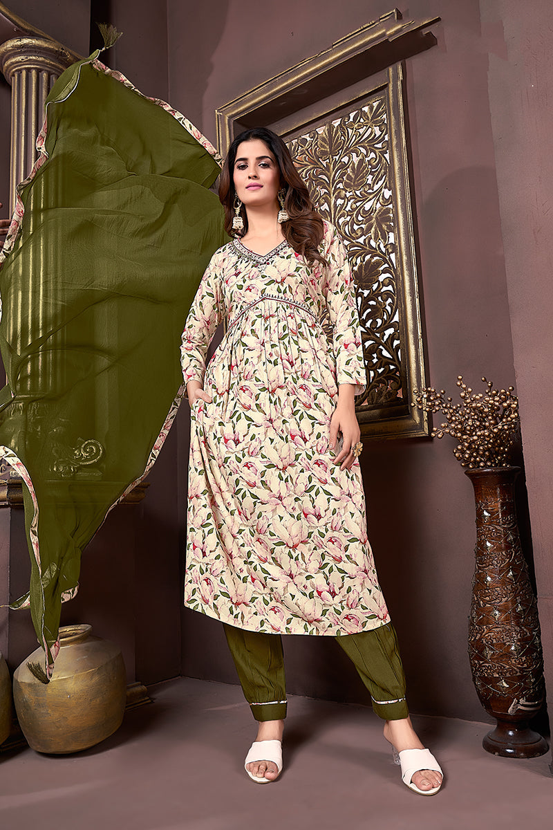 Mehendi Green Rayon Printed Afghani Suit for Festival Wear