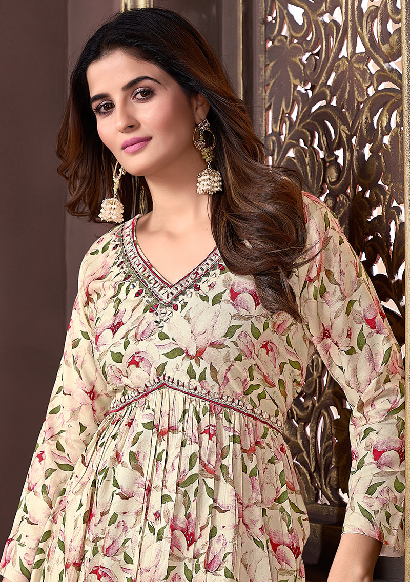 Mehendi Green Rayon Printed Afghani Suit for Festival Wear