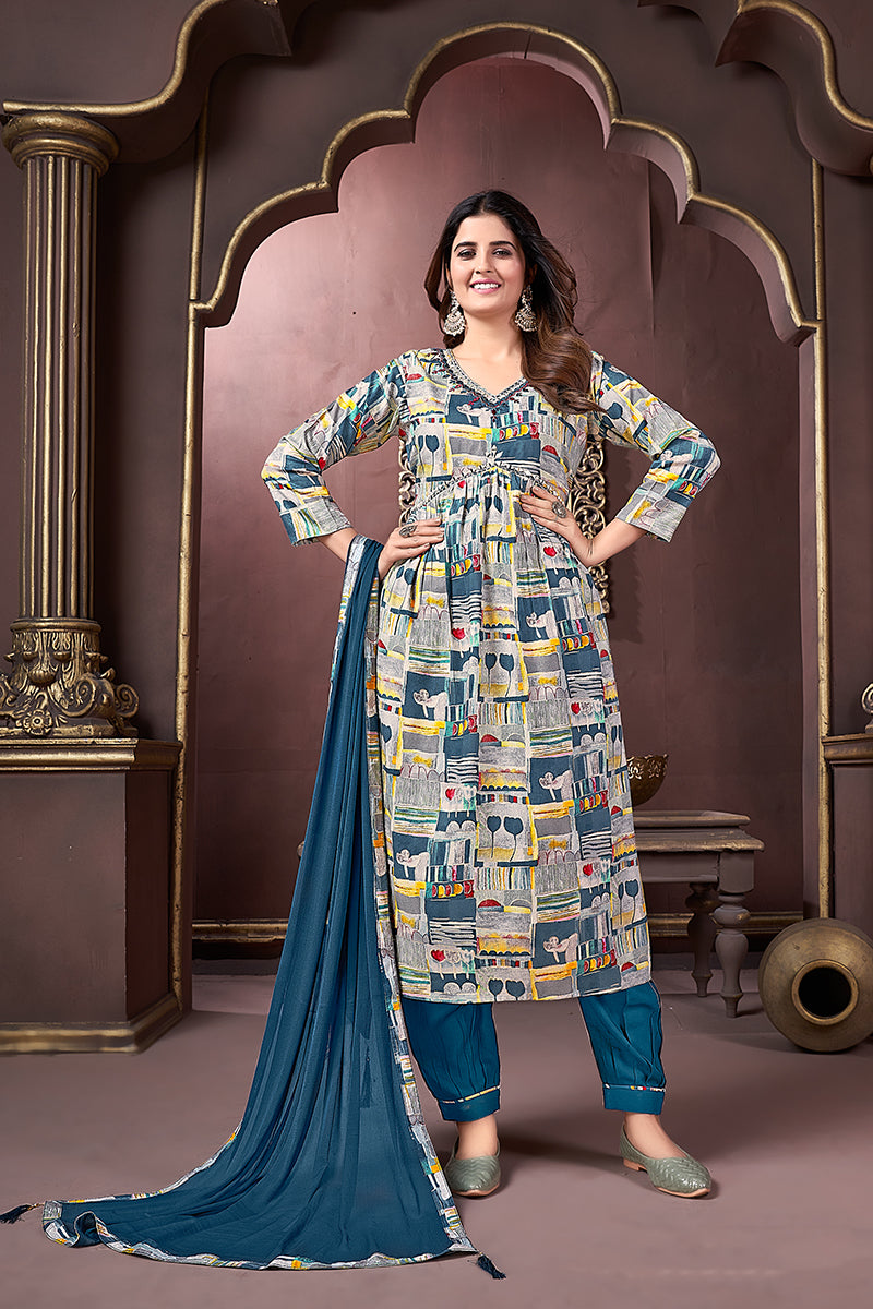 Blue Rayon ethnic printed Afghani suit set with detailed handwork