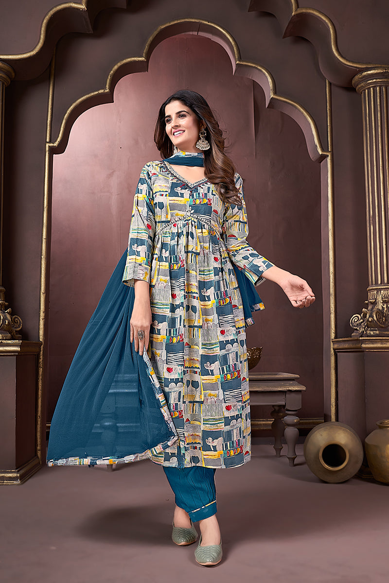Blue Rayon Printed Festival Wear Afghani Suit Set