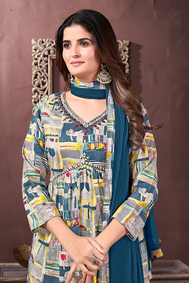 Blue Rayon Printed Festival Wear Afghani Suit Set