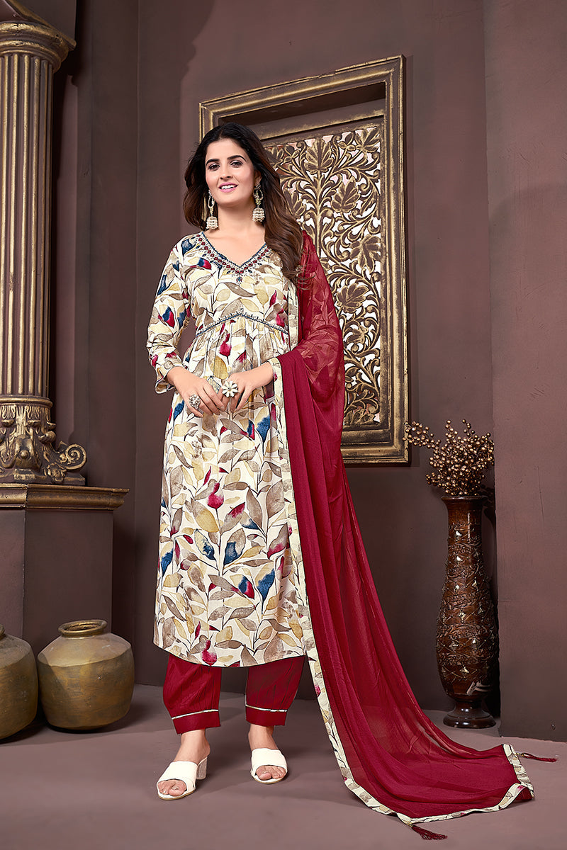 Elegant red rayon Afghani suit with ethnic prints and intricate handwork