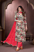 Red Rayon Afghani suit with ethnic prints and handwork detailing