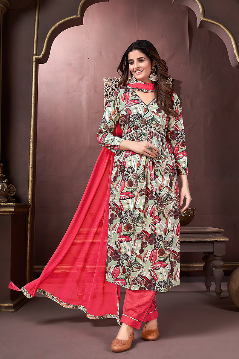 Red Rayon Afghani suit with ethnic prints and handwork detailing