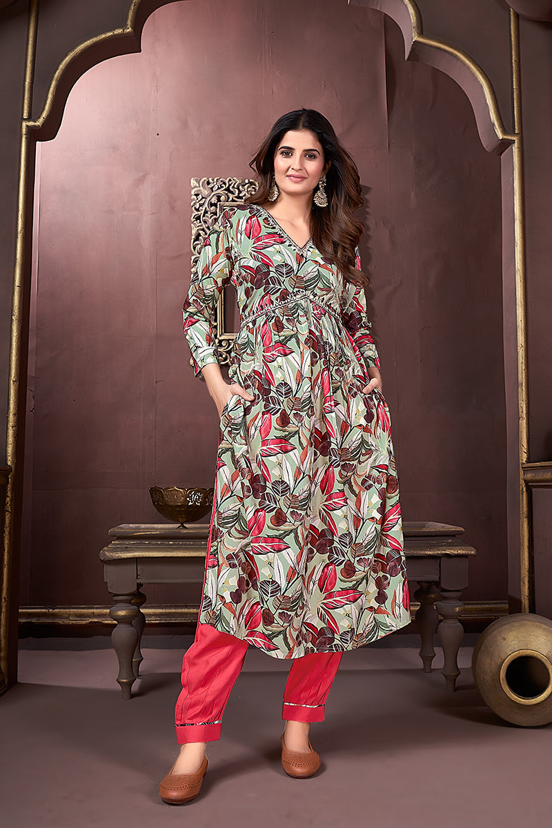 Red Rayon Printed Afghani Suit for Festive Occasions