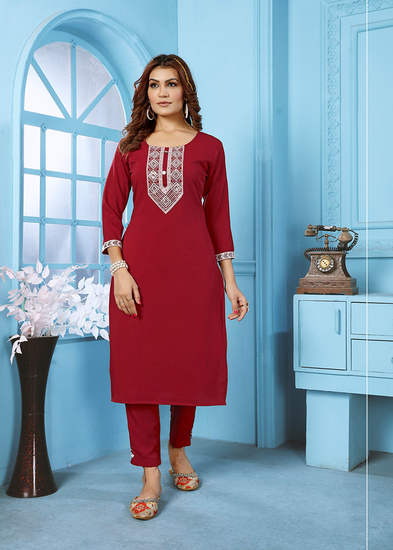 Red Rinkal Cotton Kurti with embroidery and pant set
