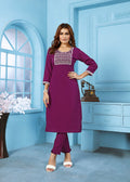 Purple Rinkal cotton kurti and pant set with embroidery work
