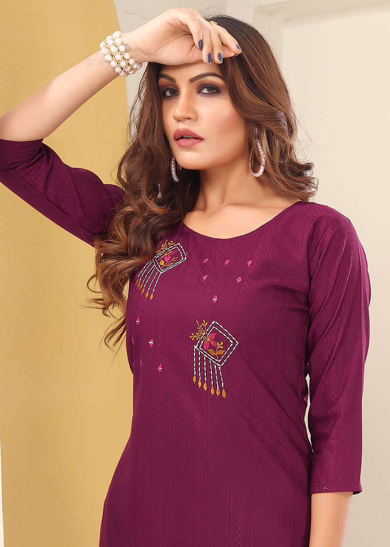 Magenta Vision Silk Kurti with Handmade Embroidery Details