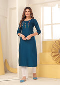 Teal Blue Vision Silk Kurti with Handmade Embroidery