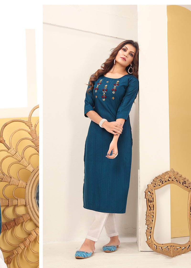 Teal Blue Vision silk kurti with handmade embroidery