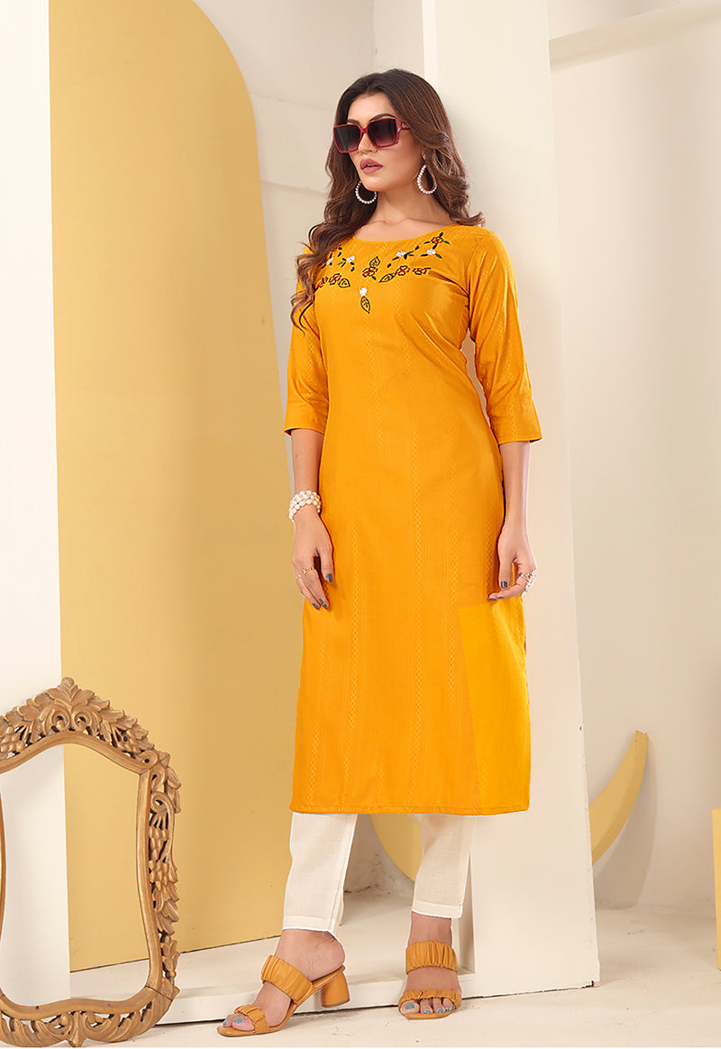 Mustard Vision Silk Kurti with Handmade Embroidery