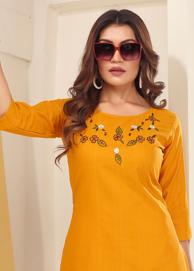 Mustard Vision Silk Kurti with Handmade Embroidery