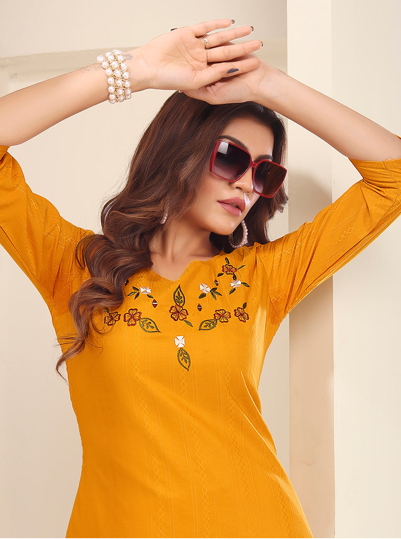 Mustard Vision Silk Kurti with Handmade Embroidery