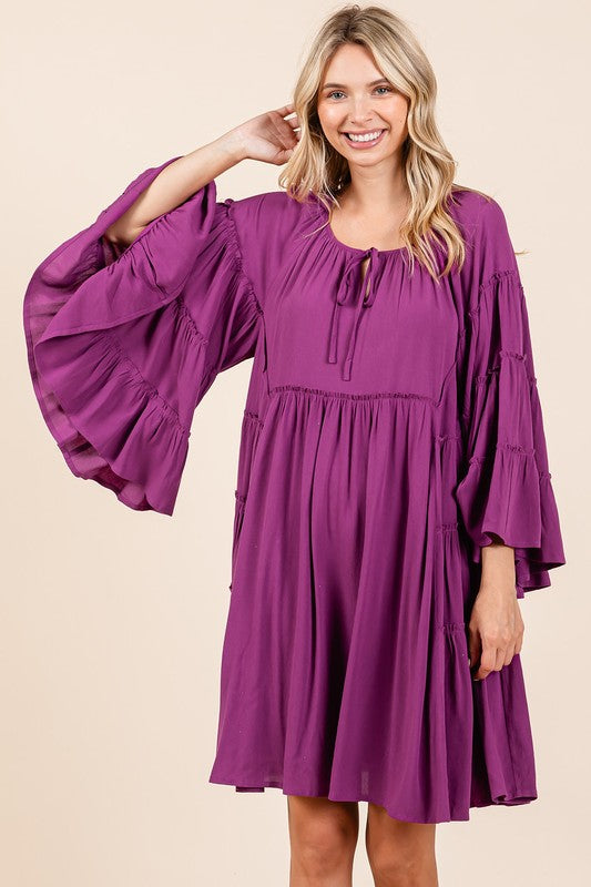 Frill Tie Neck Bell Sleeve Midi Dress for Women