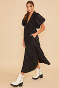 Elegant black midi dress with puff sleeves and smocked detailing