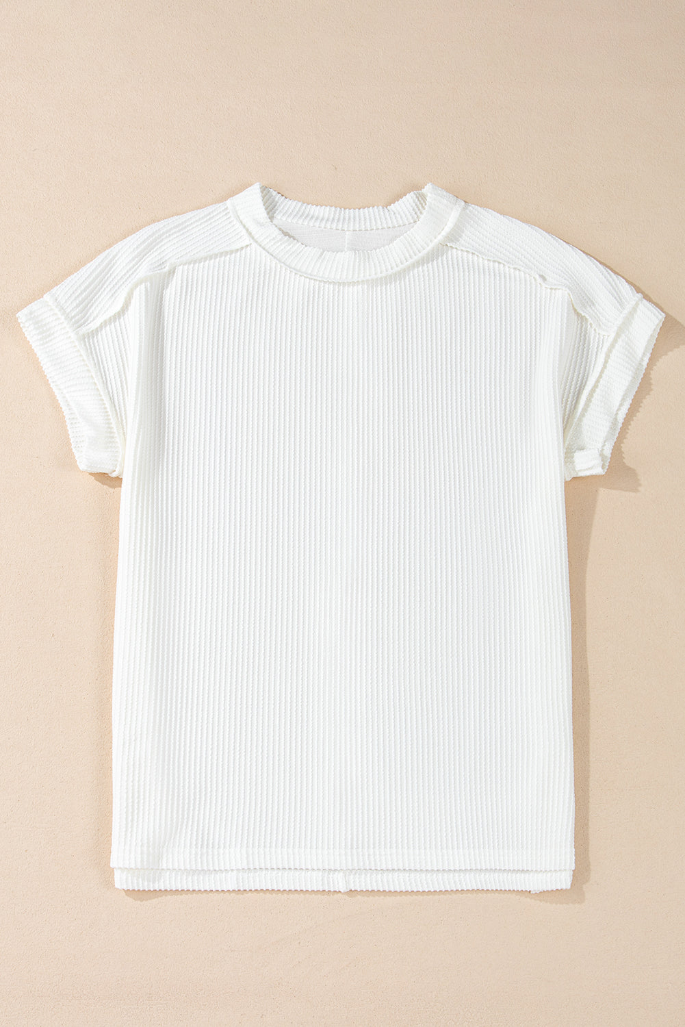 White Crinkle Rib Textured Knit Round Neck T-Shirt