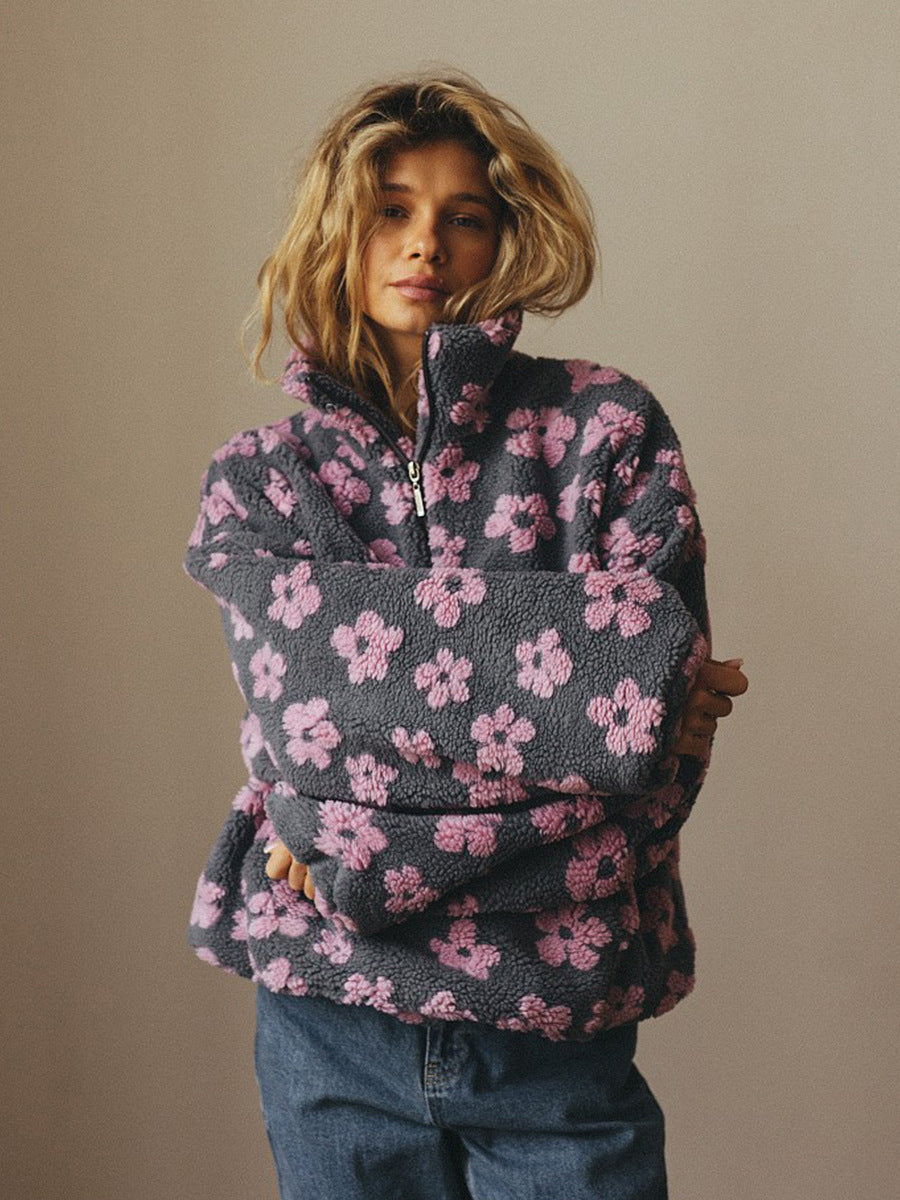 Winter Flowers Fleece Pullover Womens Cozy Zip Up Floral Sweatshirt - Image 9