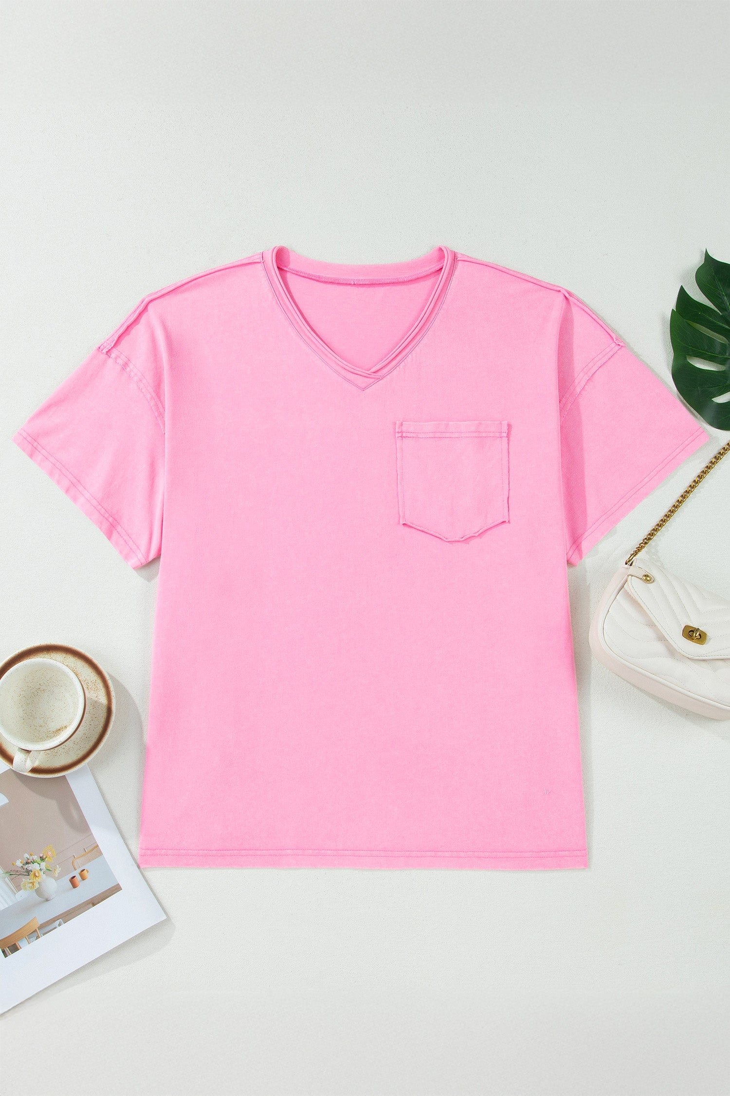 Mineral Wash Raw Edge V-Neck Tee in Pink - Relaxed Tunic Fit