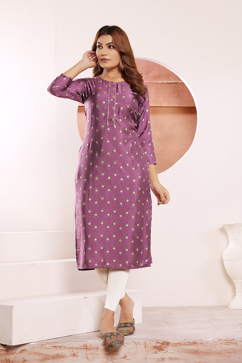 Lavender Viscose Maslin Printed Kurti with Pocket