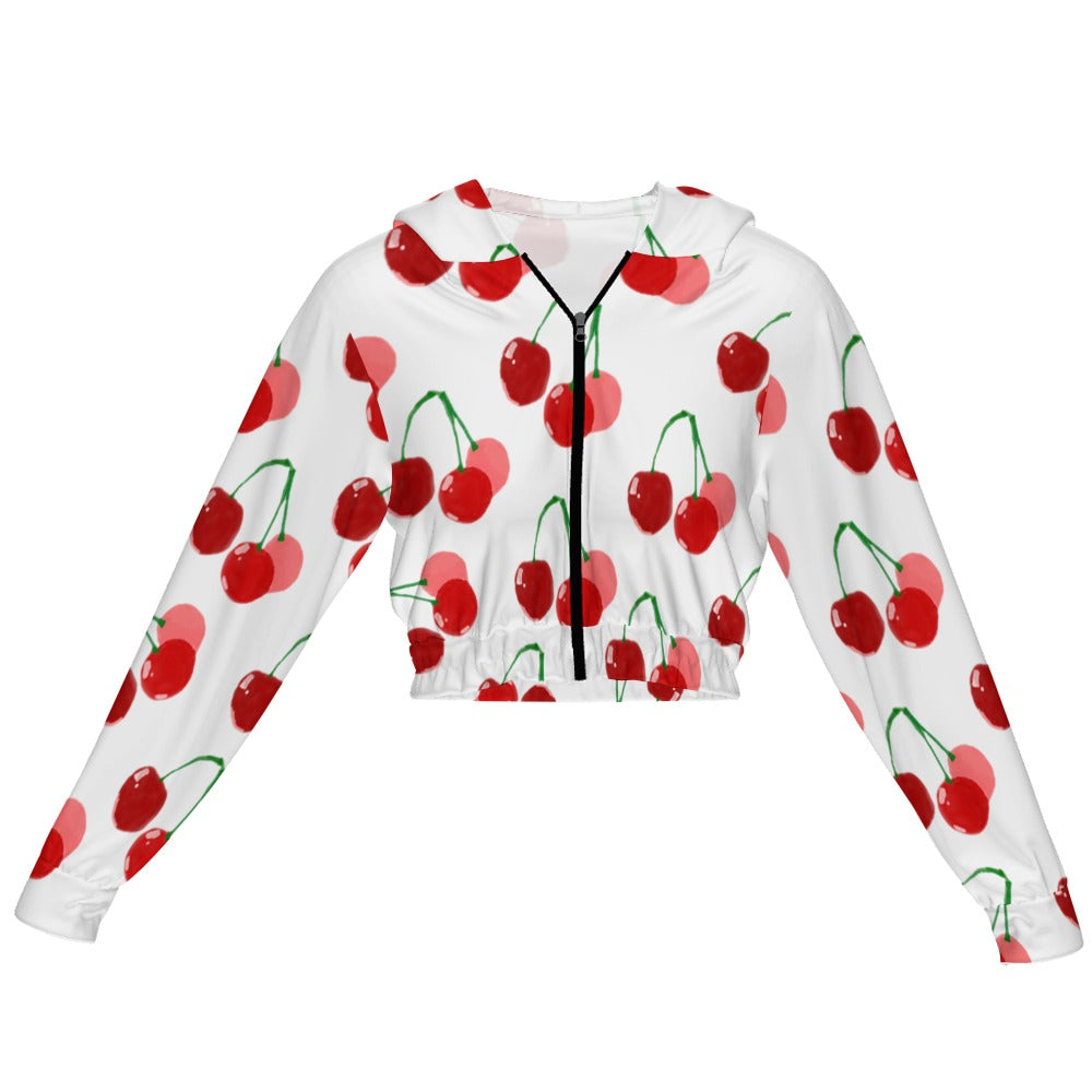 Women's Cherry Print Cropped Zipper Hooded Jacket - Image 2