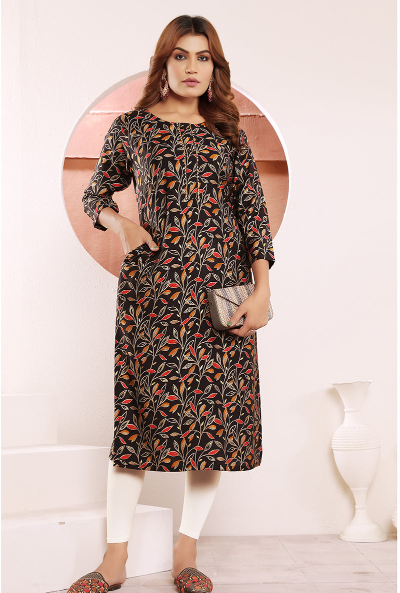 Black Viscose Maslin straight kurti with print and zari detailing