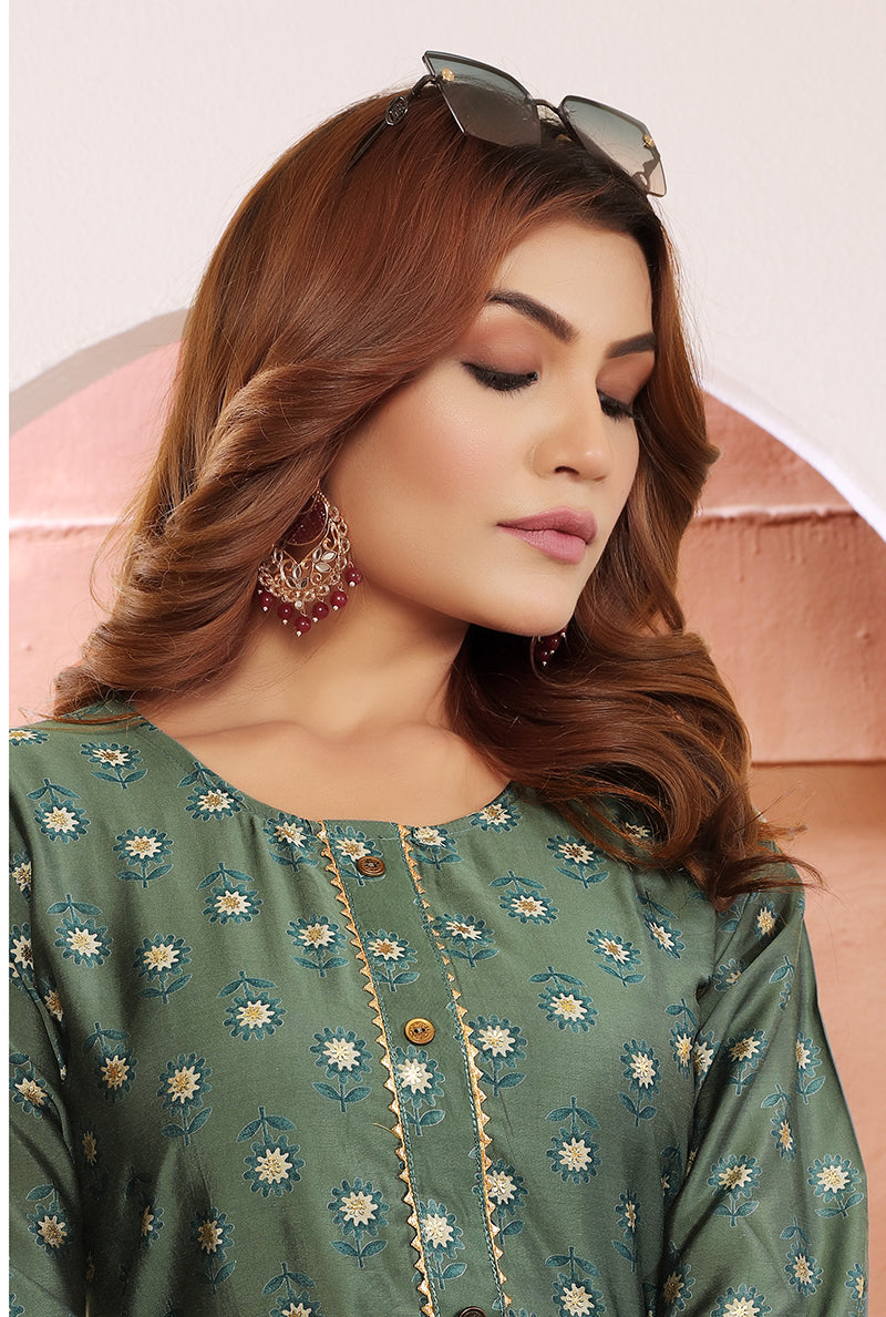 Monjolika Fashion Olive Green Viscose Maslin Print With Pocket Stylish Kurti